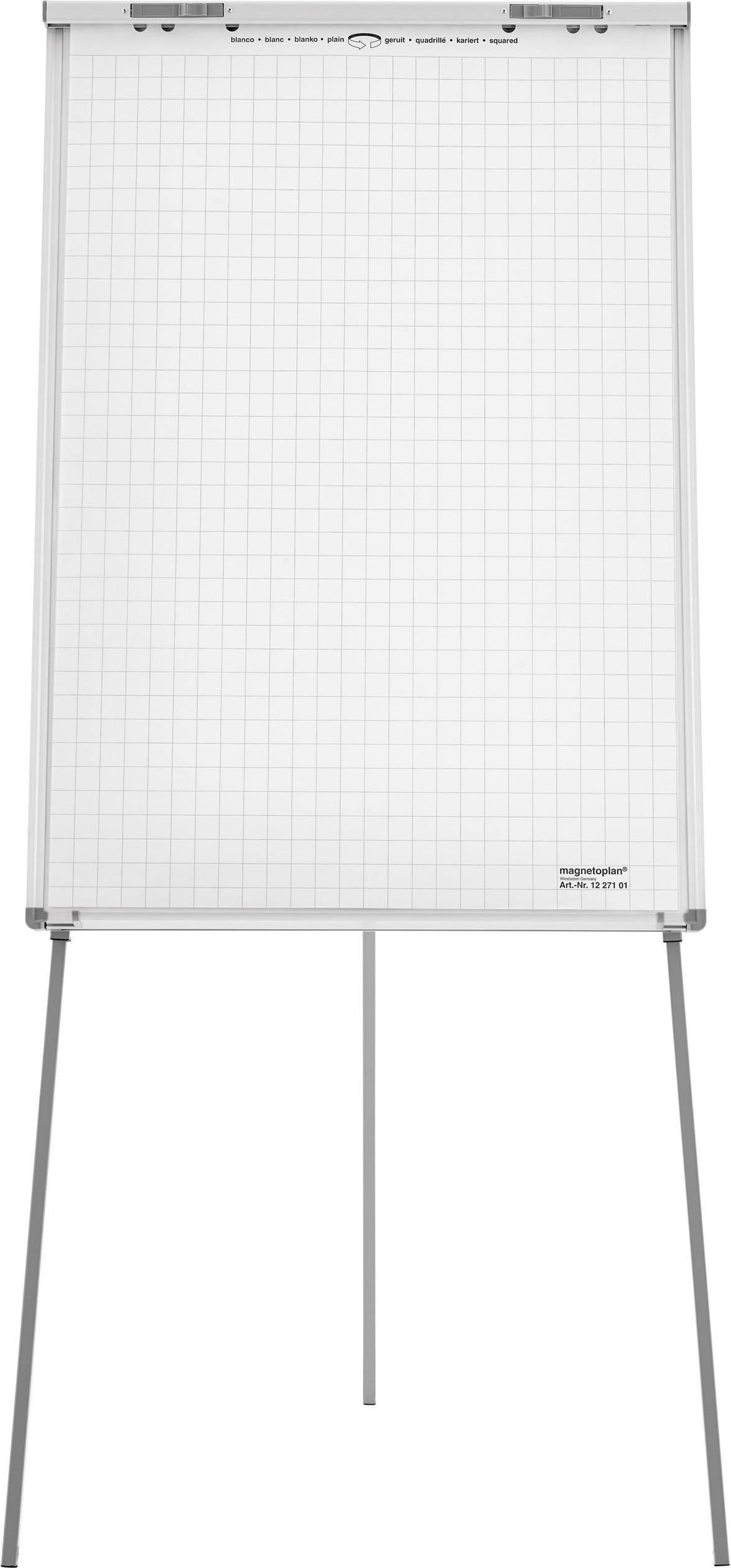 Prazen flipchart na stojalu, pripravljen za predstavitve ali zapiske. Papirna površina prikazuje mrežasto mrežo.
