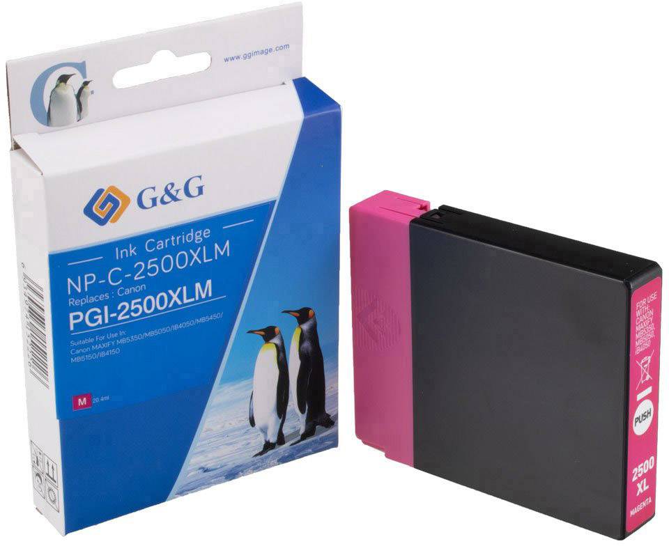Črnilni vložek znamke G&G, nadomestek za Canon PGI-2500XLM, z ilustracijo pingvinov na embalaži.
