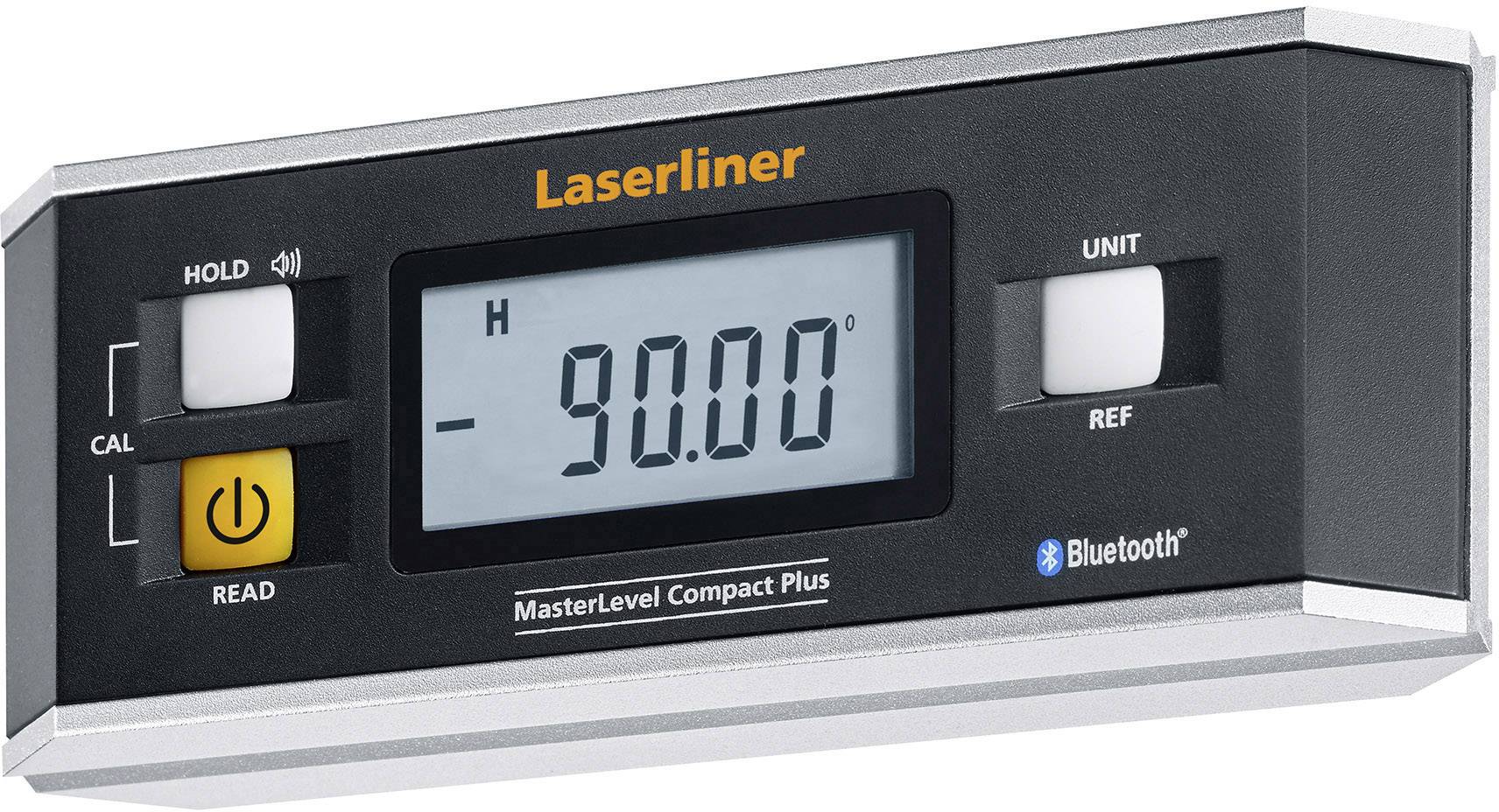 Elektronski merilnik nagiba z LCD-prikazovalnikom, ki prikazuje '-90,00°', tipkami za funkciji zadrževanja in kalibracije ter podporo Bluetooth.