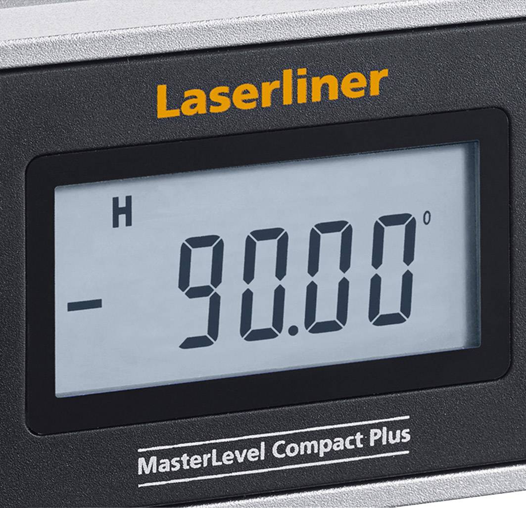 Digitalni prikaz naklonskega kota '90,00°' na laserskem merilnem orodju. Zgoraj piše 'Laserliner'.
