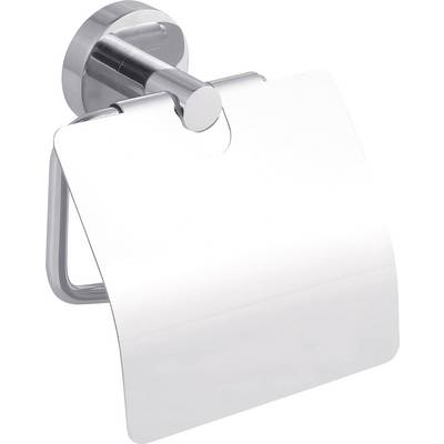 Svetleč, kovinski držač toaletnega papirja, pritrjen na steno, z nagnjeno pokrovko.
