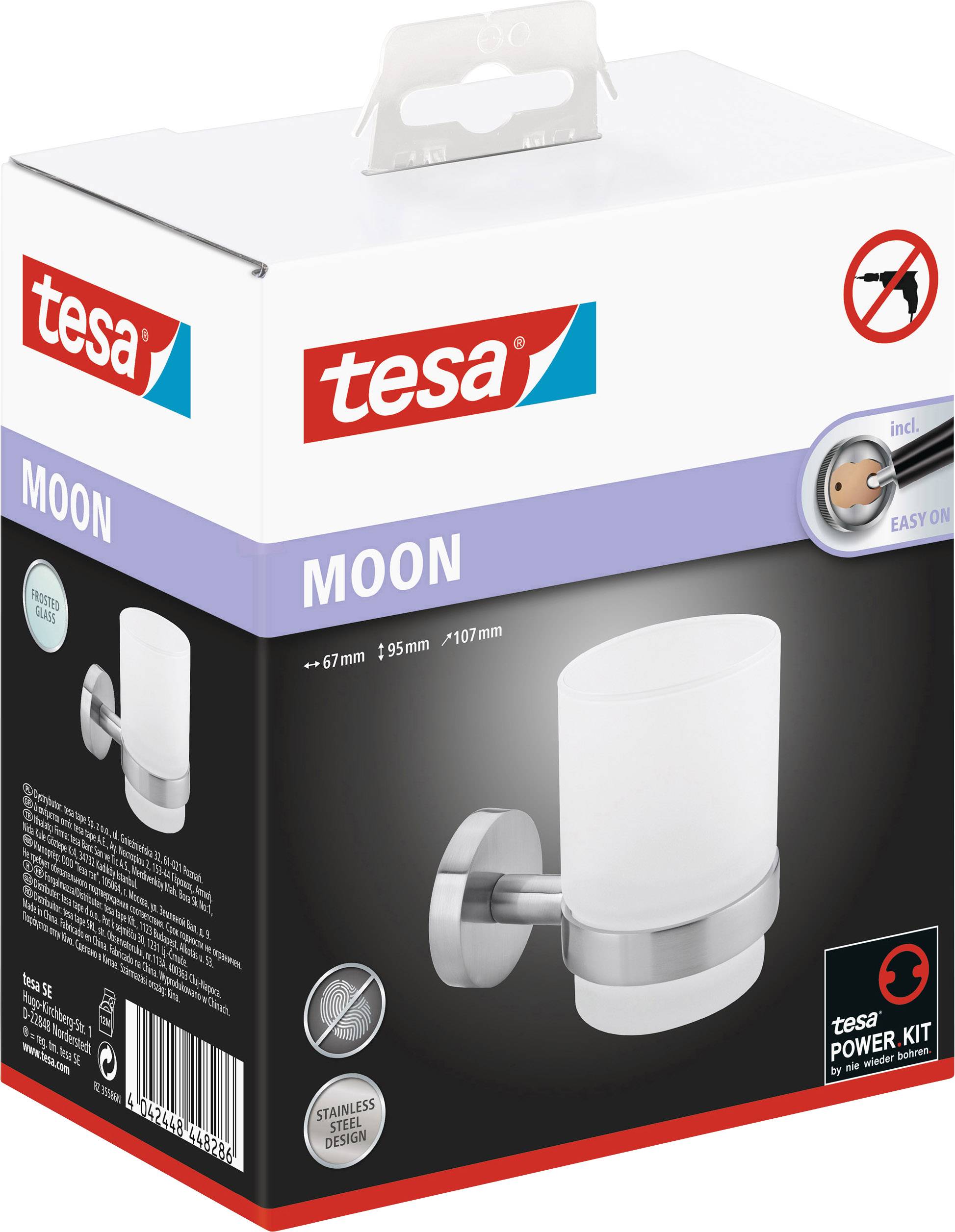 Embalaža za tesa MOON stensko držalo s steklom. Vsebuje sliko nameščenega držala in opozorilo o enostavni montaži brez vrtanja.