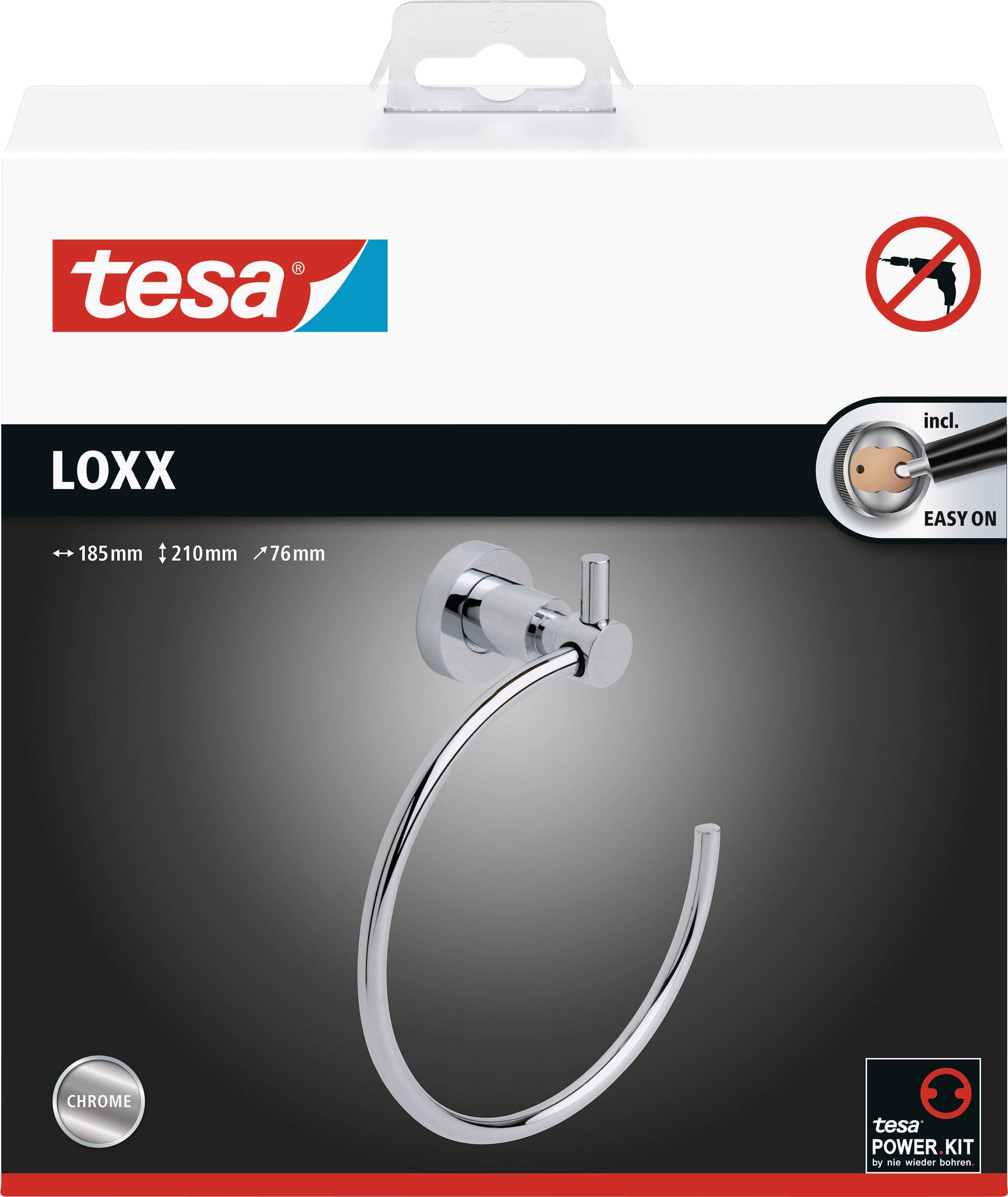 Embalaža Tesa LOXX obesek za brisače z Power.Kit pritrditvijo, prikazan v krom izvedbi, vključno s pritrditvijo brez vrtanja.