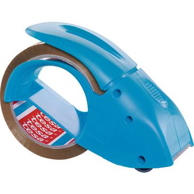 Moder odvijalnik za paketni trak z vgrajenim lepilnim trakom, pripravljen za zapečatenje škatel.