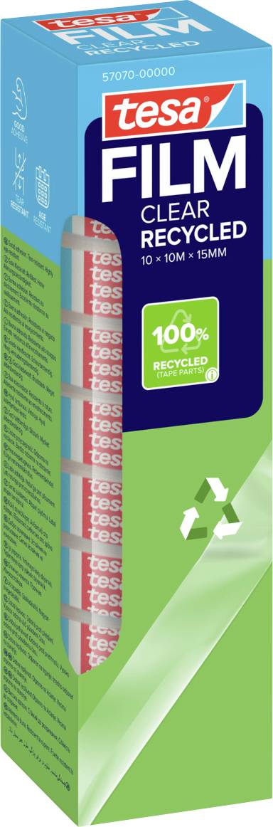 »Embalaža za tesa FILM Clear Recycled, 100 % reciklirano, 10m x 15mm.« Vsebuje več tuljav traku v zeleni in modri škatli.