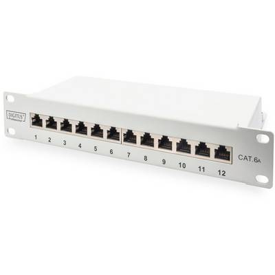 Patch panel s 12 ethernet vrati, oštevilčenimi od 1 do 12, za omrežno ožičenje; opremljen z napisom 'CAT.6a'.