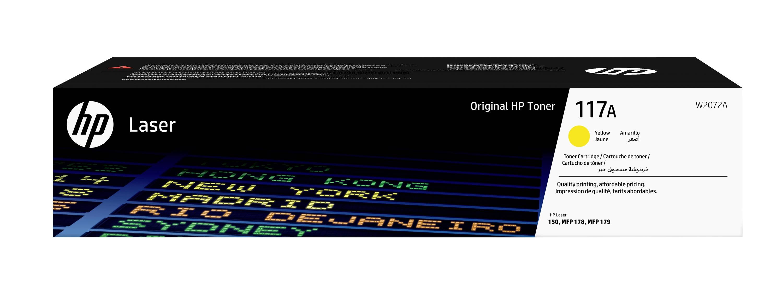HP Laser Originalna HP tonerska kartuša, 117A, črna, prikazana v originalni embalaži s grafiko vzorca barve in modelom W2072A.