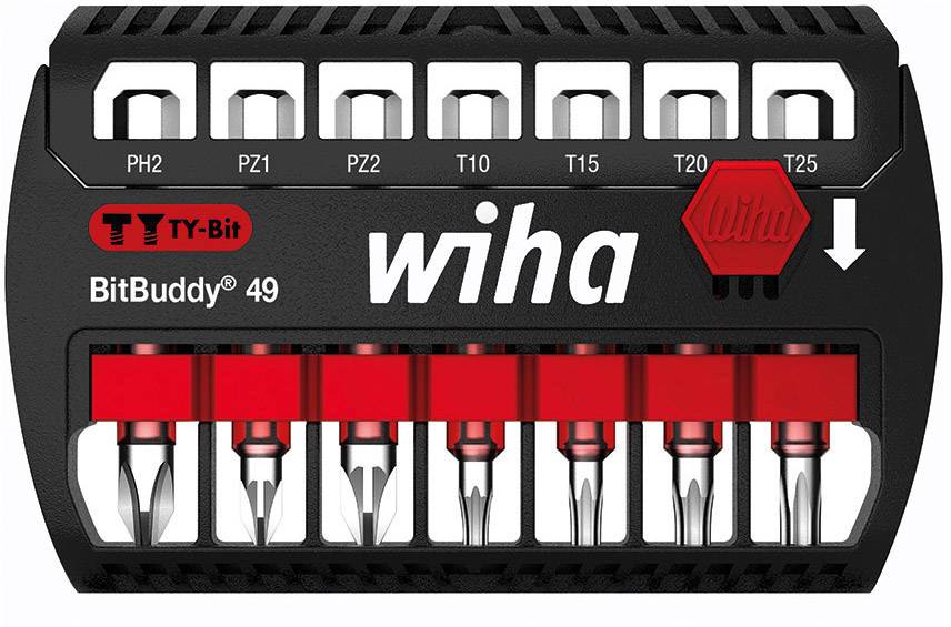 Komplet vijačnih nastavkov Wiha BitBuddy 49 z 9 različnimi nastavki v črno-rdečem hranilniku, vključno z nastavki PH2, PZ1, T10-T25.