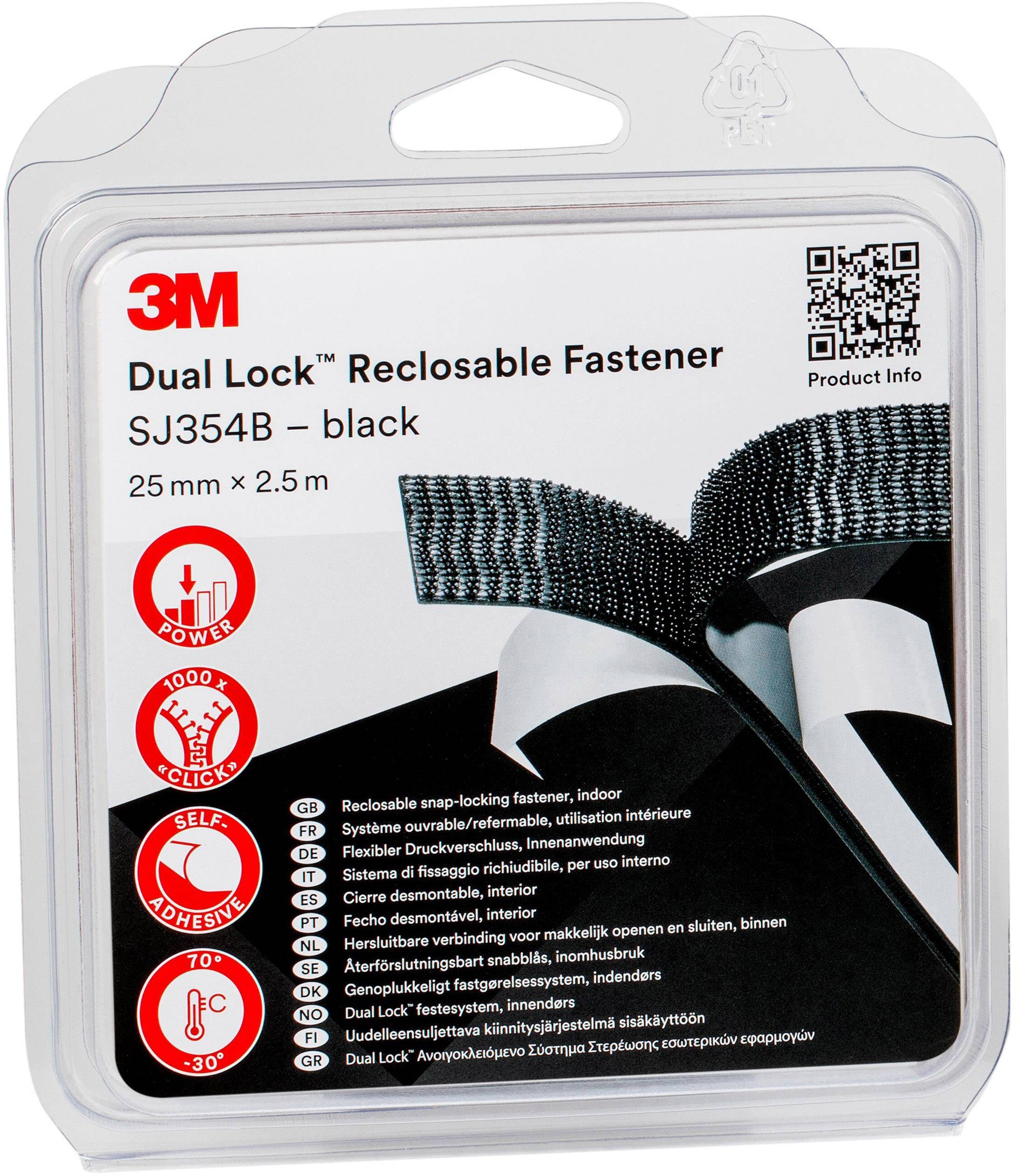 3M Dual Lock SJ354B, črn, ponovno zaprljiv pritrdilni trak, 25 mm x 2,5 m, primeren za notranjo in zunanjo uporabo.