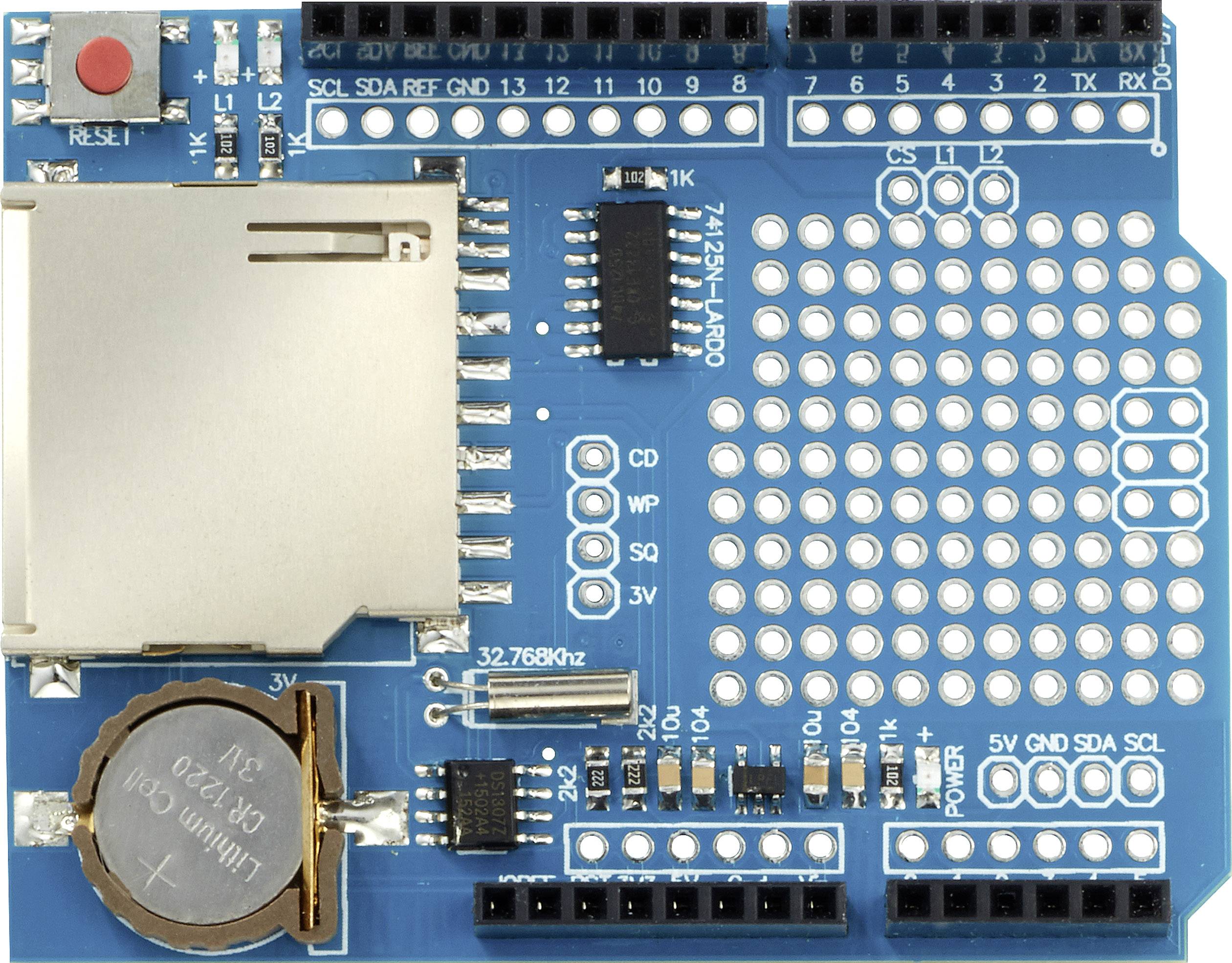 Elektronska plošča z režo za SD-kartico in držalom za baterijo. Številni priključki in spajkalne točke za Arduino projekte.