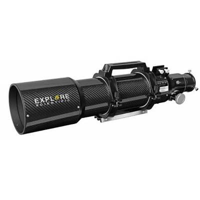 Črni teleskop z napisom 'Explore Scientific', primeren za astronomska opazovanja.