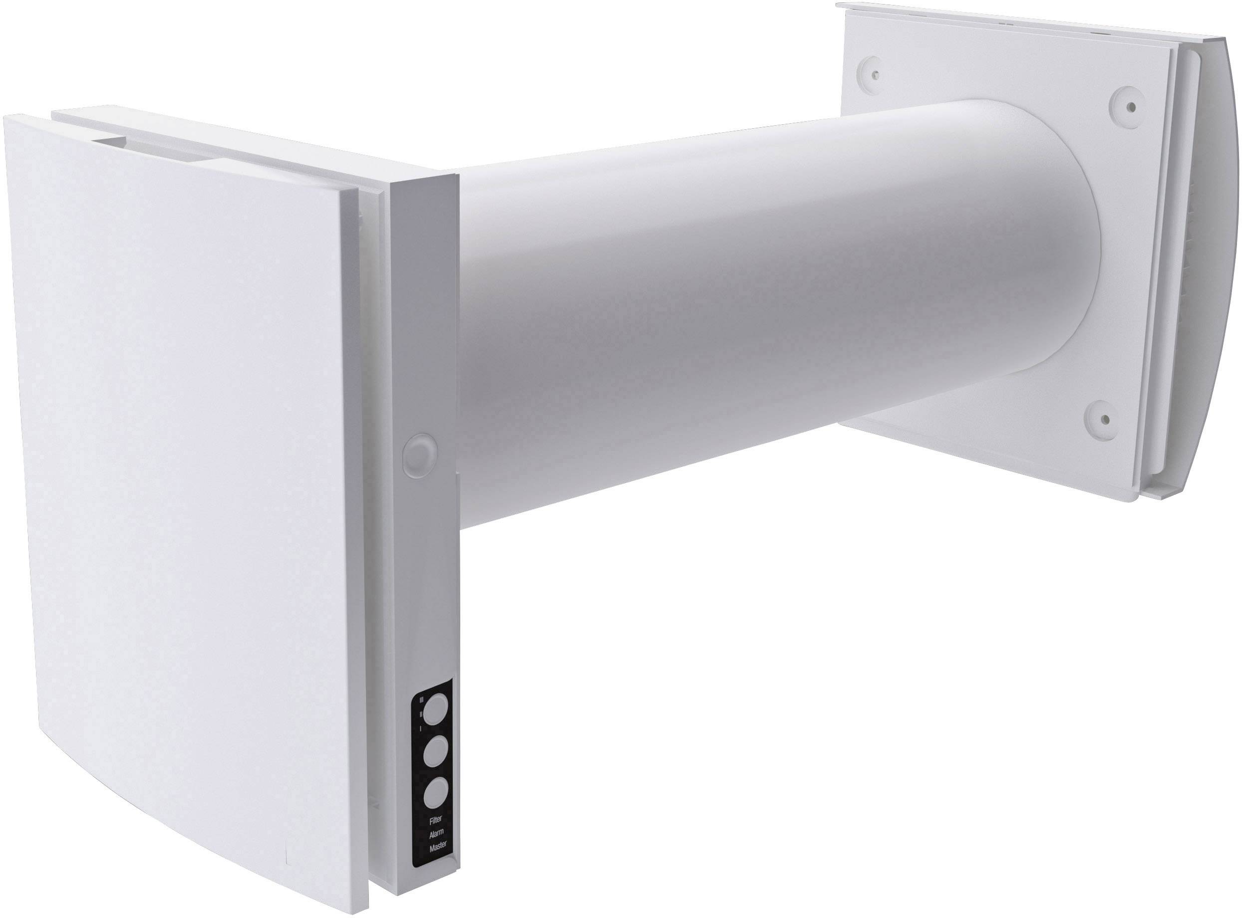 Bel stenski ventilator s pravokotno rešetko in okroglim kanalom, vgrajen v dva kvadratna pritrdilna elementa za stensko namestitev.