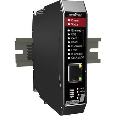 Industrijsko omrežno napravo z LED indikatorji za Ethernet, USB, CAN in stanje ter tremi tipkami: DHCP, IWRProt, Privzeto.