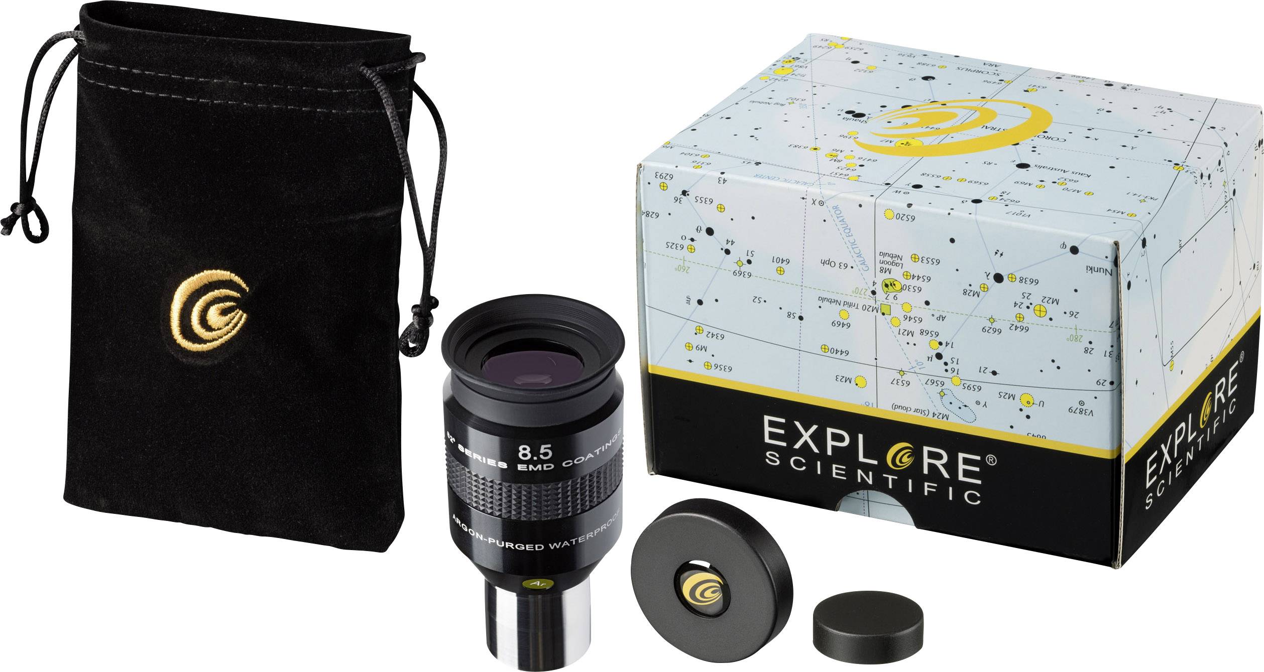 Okular znamke Explore Scientific z zaščitnim ovitkom in embalažo. Primeren je za opazovanje zvezd in astronomskih objektov.