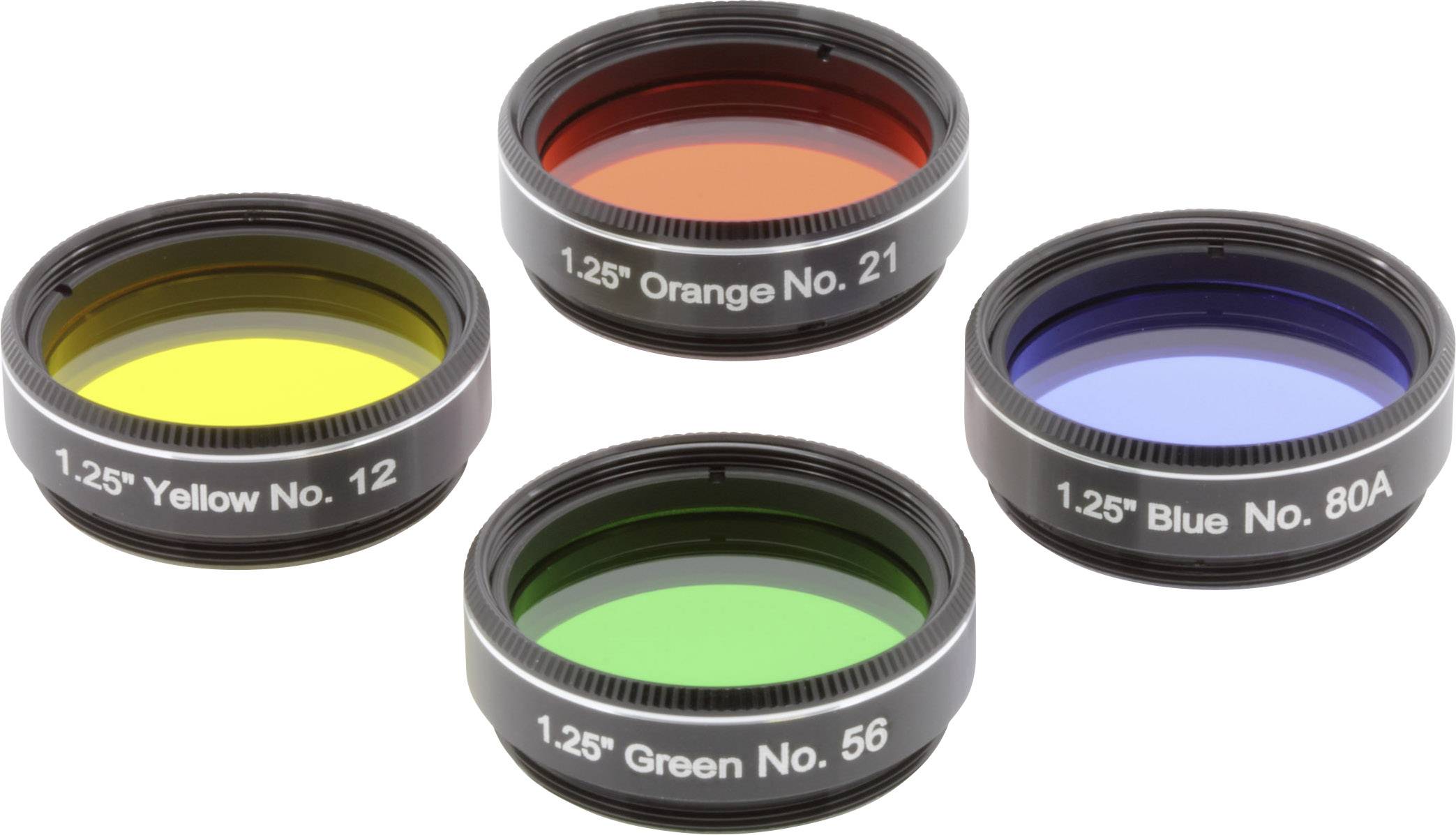 Štiri okrogle barvne filtre v rumeni, oranžni, zeleni in modri barvi, vsak z napisom '1.25" No. 12', 'No. 21', 'No. 56' in 'No. 80A'.