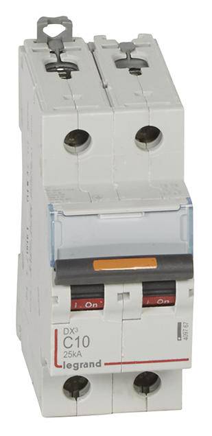 Električni varnostni odklopnik Legrand, model DX3 C10, 25kA, z dvema stikaloma za vklop in izklop napajanja.