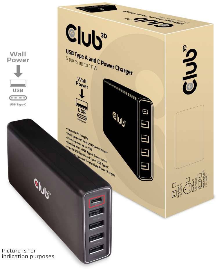 Embalaža polnilnika Club3D USB Type A in C z petimi USB-priključki. Slika prikazuje polnilnik in njegovo embalažo.