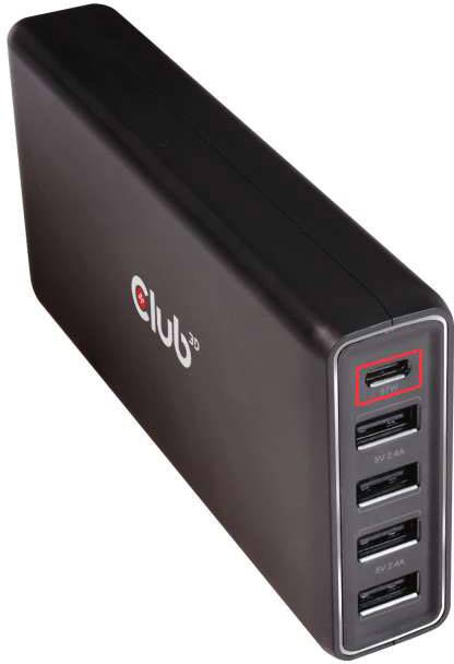 Črn USB polnilec s petimi priključki, prikazan s strani. Zgornji rob enega od priključkov je označen z rdečo barvo.