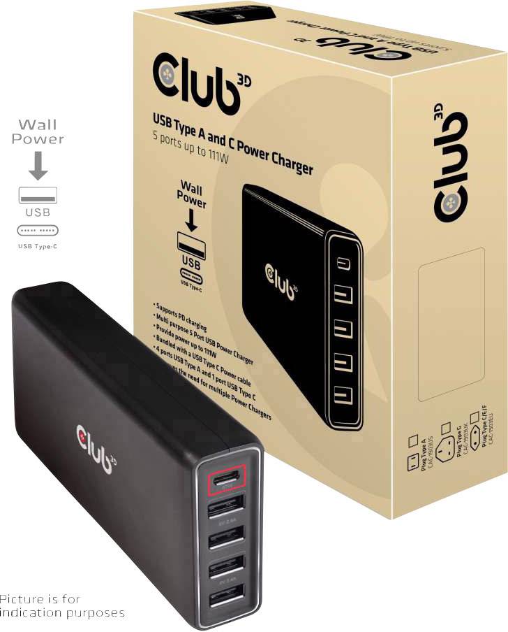 Prenosljiv polnilec s petimi USB-priključki za napajanje. Embalaža prikazuje blagovno znamko 'Club 3D'. Primeren za USB tipa A in C.