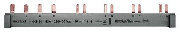 'Legrand 4.049.84 električna zbiralka' z napisom '63A - 220/400V - 16 mm²'. Deset vtičnih kontaktov, primerna za električne povezave.