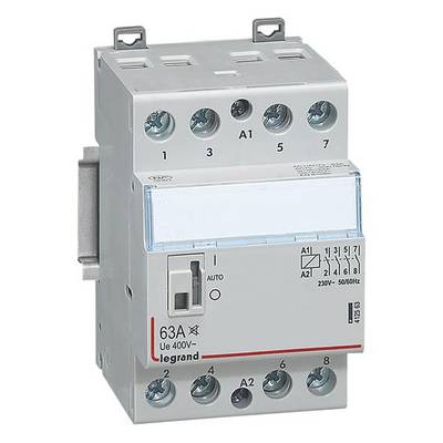 Kontaktor z nazivno močjo 63A in napetostjo 400V, primeren za 230V~ 50/60Hz aplikacije, znamke Legrand.