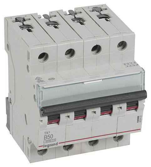 Štiripolen ločilnik tokokroga, model 'Legrand B50'. Pogosto se uporablja v električnih omaricah za zaščito in krmiljenje.