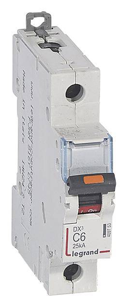 Enopolni zaščitni odklopnik Legrand z oznako 'DX3 C6 25kA', primeren za varovanje električnih tokokrogov.