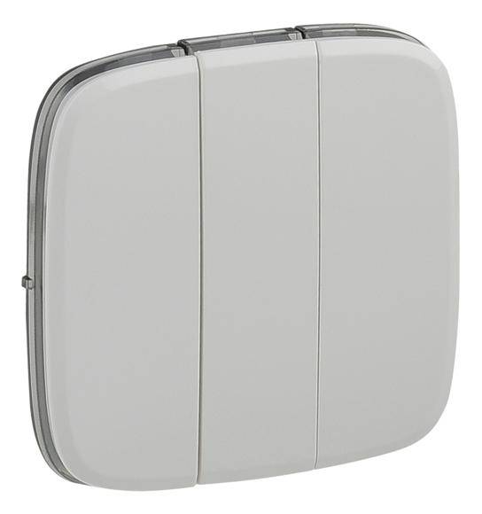 Slika prikazuje tristrani stenski stikalni mehanizem v kvadratni obliki z zaobljenimi robovi, postavljjen pred belo ozadje.