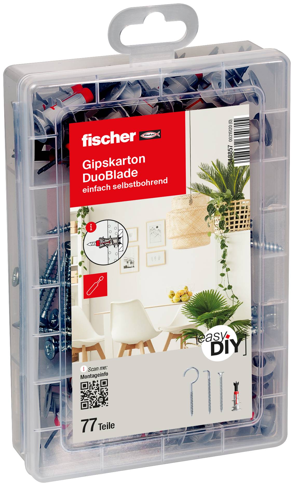 Prozorna plastična škatla za shranjevanje fischer Gipskarton DuoBlade stenskih kotvic, označena z 'easyDIY', s 77 kosi za pritrditev na suhomontažne plošče.