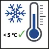 Termometer kaže temperature pod 5°C. Kljukica označuje podatek kot pravilnega, simbol snežinke pa nakazuje mraz.