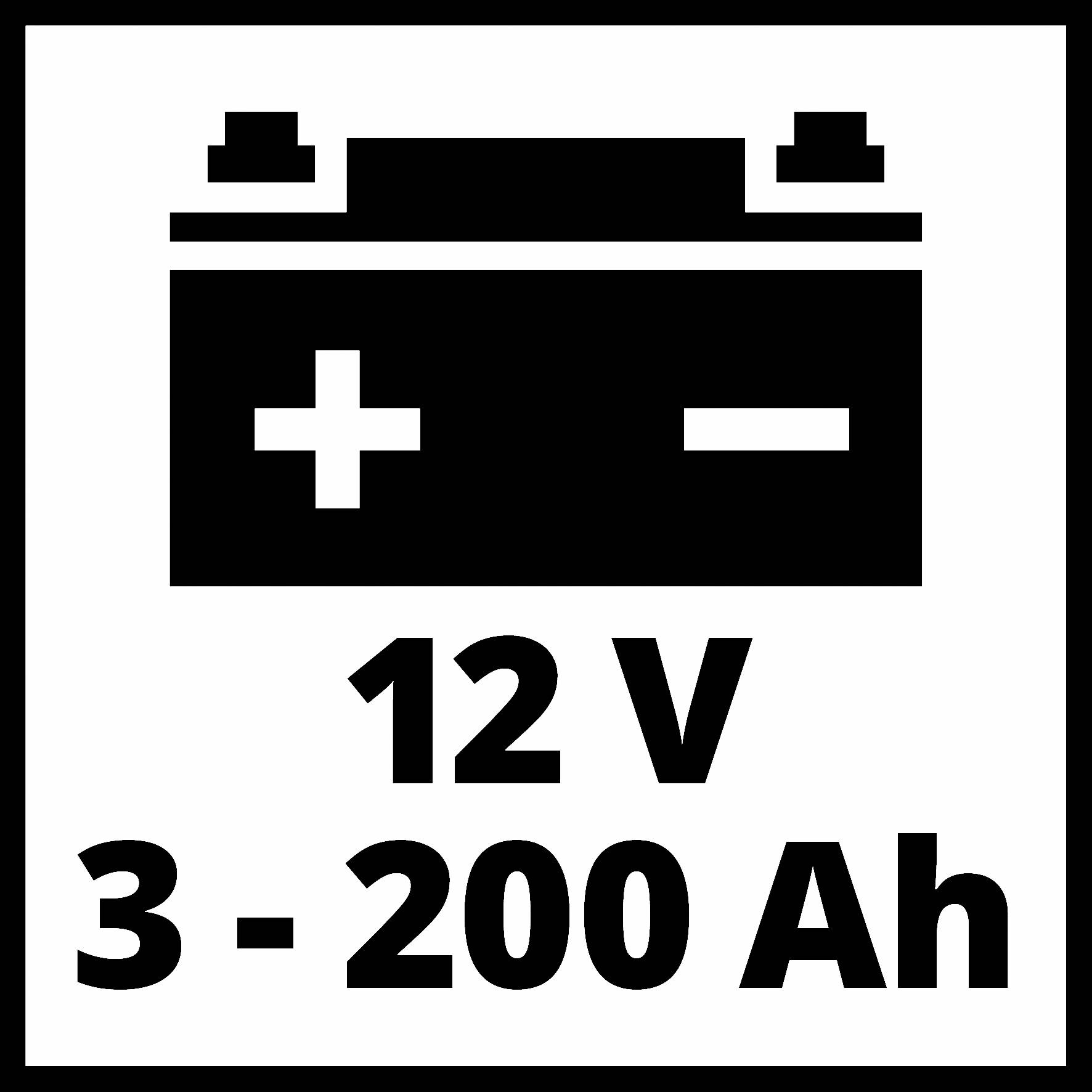 Simbol avtomobilske baterije s plus in minus polom. Besedilo spodaj: 12 V, 3 - 200 Ah.