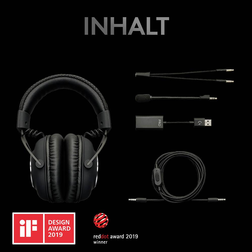 Slušalke z dodatno opremo na črnem ozadju; prikazani so kabel, adapter in podaljšek. Z logotipoma nagrad iF Design Award 2019 in reddot award 2019.