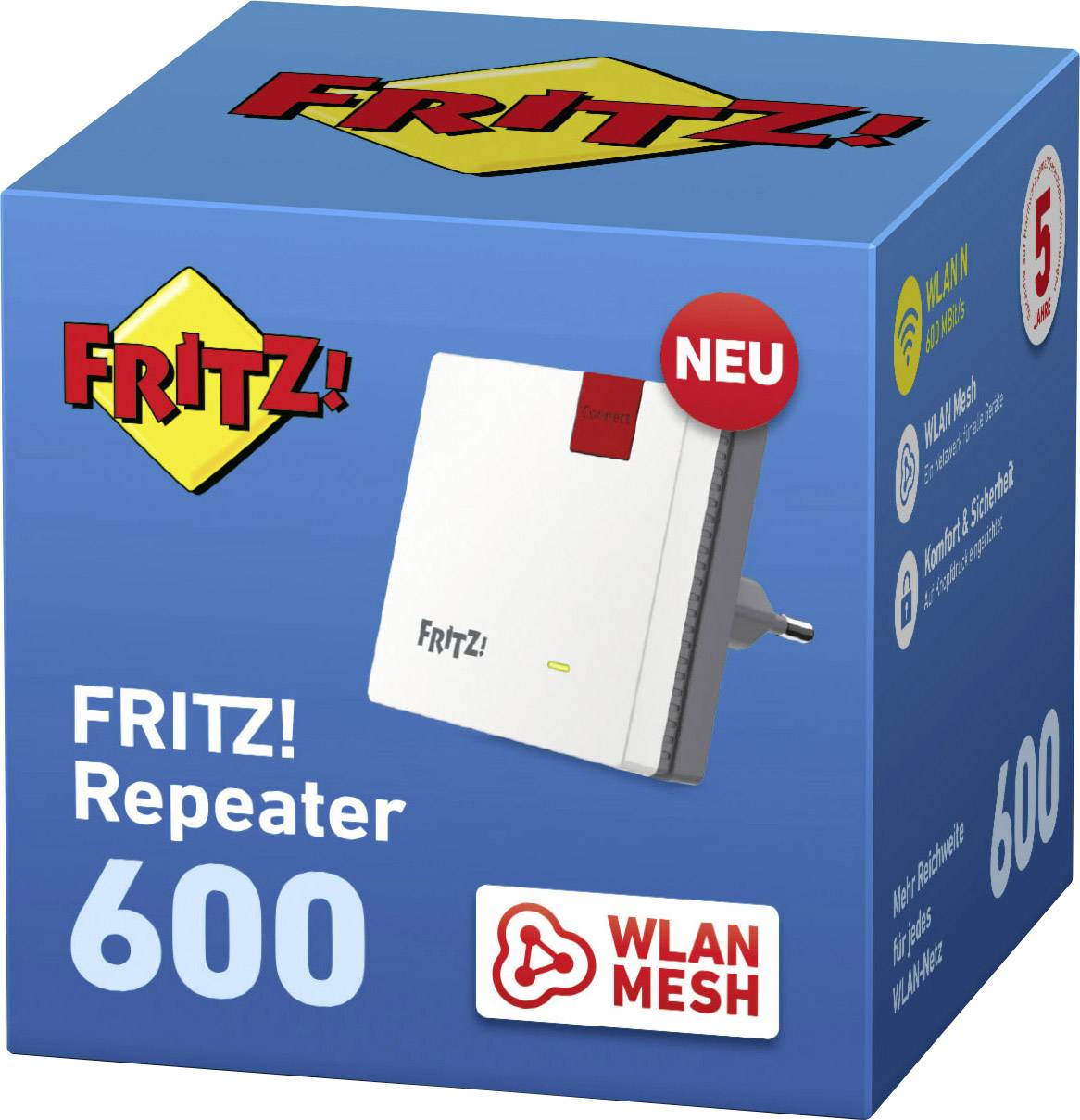 Modra embalaža FRITZ! Repeaterja 600. Prikazuje repeater z možnostmi W-LAN Mesh in petletno garancijo.