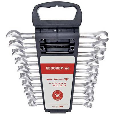 Set odprtih obročnih ključev v plastičnem držalu, velikosti od 8 do 19 mm. Označen z 'GEDORE red'.