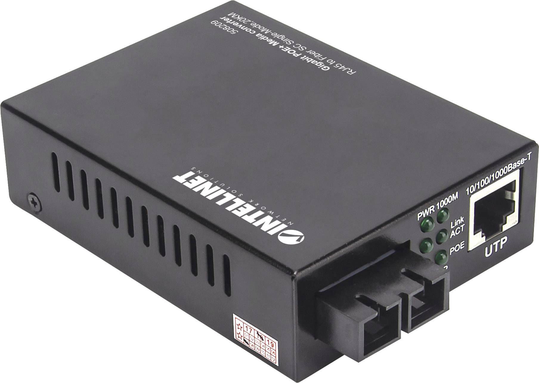 Črn omrežni medijski pretvornik z ethernet in optičnimi priključki. LED indikatorji prikazujejo status delovanja.