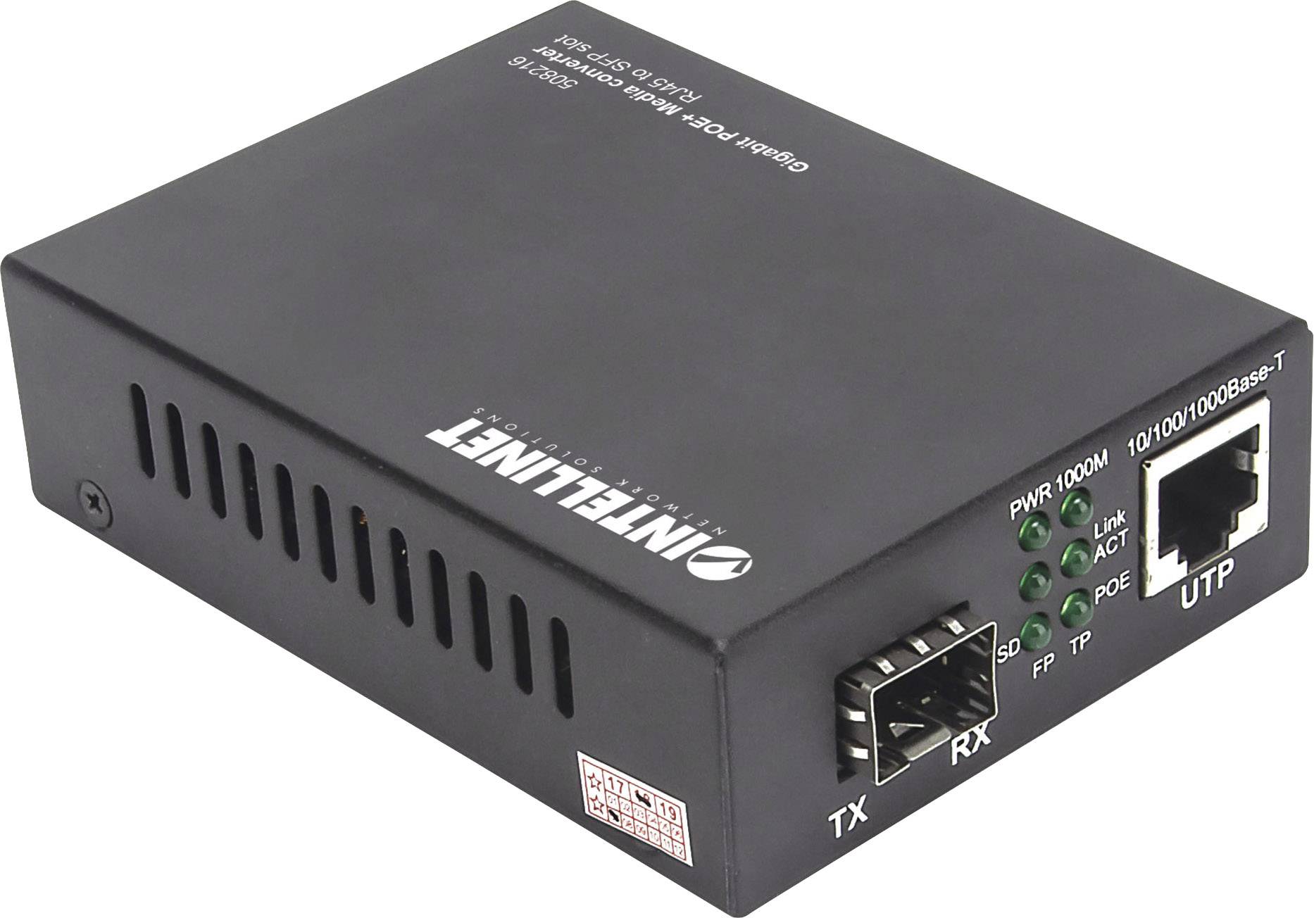 Črn medijski pretvornik z ethernet priključki in LED indikatorji za napajanje, povezavo/aktivnost in PoE. Oznaka 'INTELLINET'.