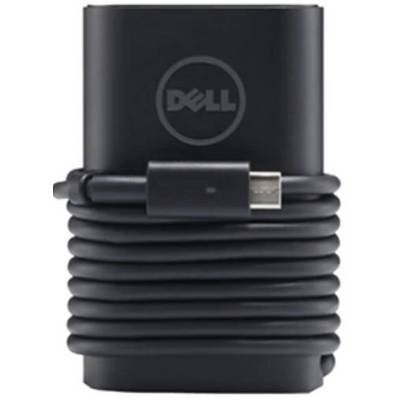 Črni napajalnik Dell z navitim kablom in priključkom USB-C, primeren za prenosne računalnike ali podobne naprave.