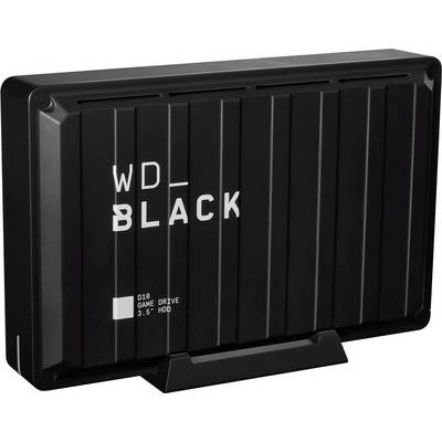 Na črnem zunanjem trdem disku piše 'WD Black D10 Game Drive 3,5" HDD'. Nameščen je pokončno s podstavkom.