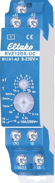 Modri časovni stikalni element Eltako, model RVZ12DX-UC, za 8-230V. Stikalo ima vrtljivi regulator za nastavljanje časov od 1 minute do 12 ur.