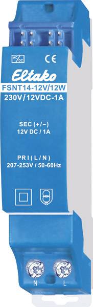 Modri Eltako napajalnik, model FSNT14-12V/12W, 230V/12VDC-1A. Primarna napetost: 207-253V, sekundarna napetost: 12V DC/1A.