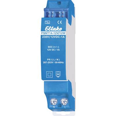 Modri Eltako napajalnik, model FSNT14-12V/12W, 230V/12VDC-1A. Primarna napetost: 207-253V, sekundarna napetost: 12V DC/1A.