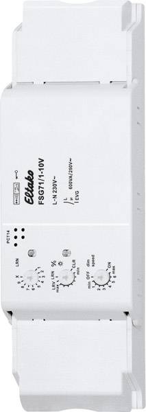 Bela električna krmilna naprava za montažo na DIN letev, z več vrtljivimi regulatorji in gumbi. Logotip Eltako zgoraj.