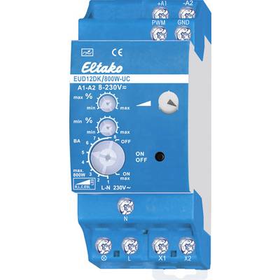Modra Eltako dušilna vložka EUD12DK/800W-UC z regulatorjema za minimalno in maksimalno vrednost zatemnitve ter stikalom za vklop/izklop.