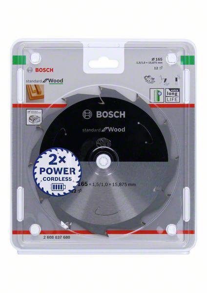 Žaginega lista Bosch za les. Napis: '2x Power Cordless'. Vsebuje tehnične podatke in blagovno znamko.
