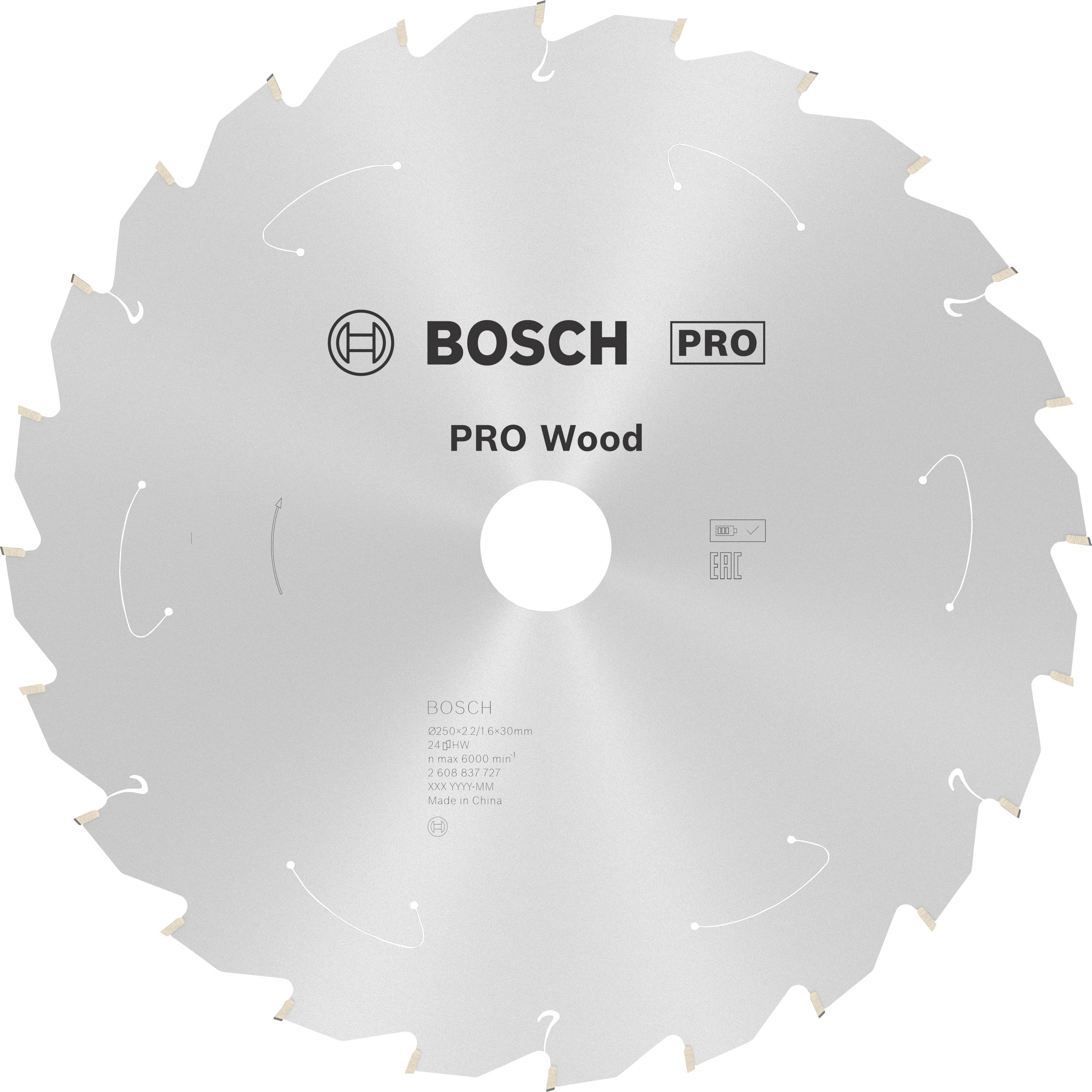 Slika okroglega žaginega lista, označenega z 'BOSCH PRO Wood', primernega za lesna dela.