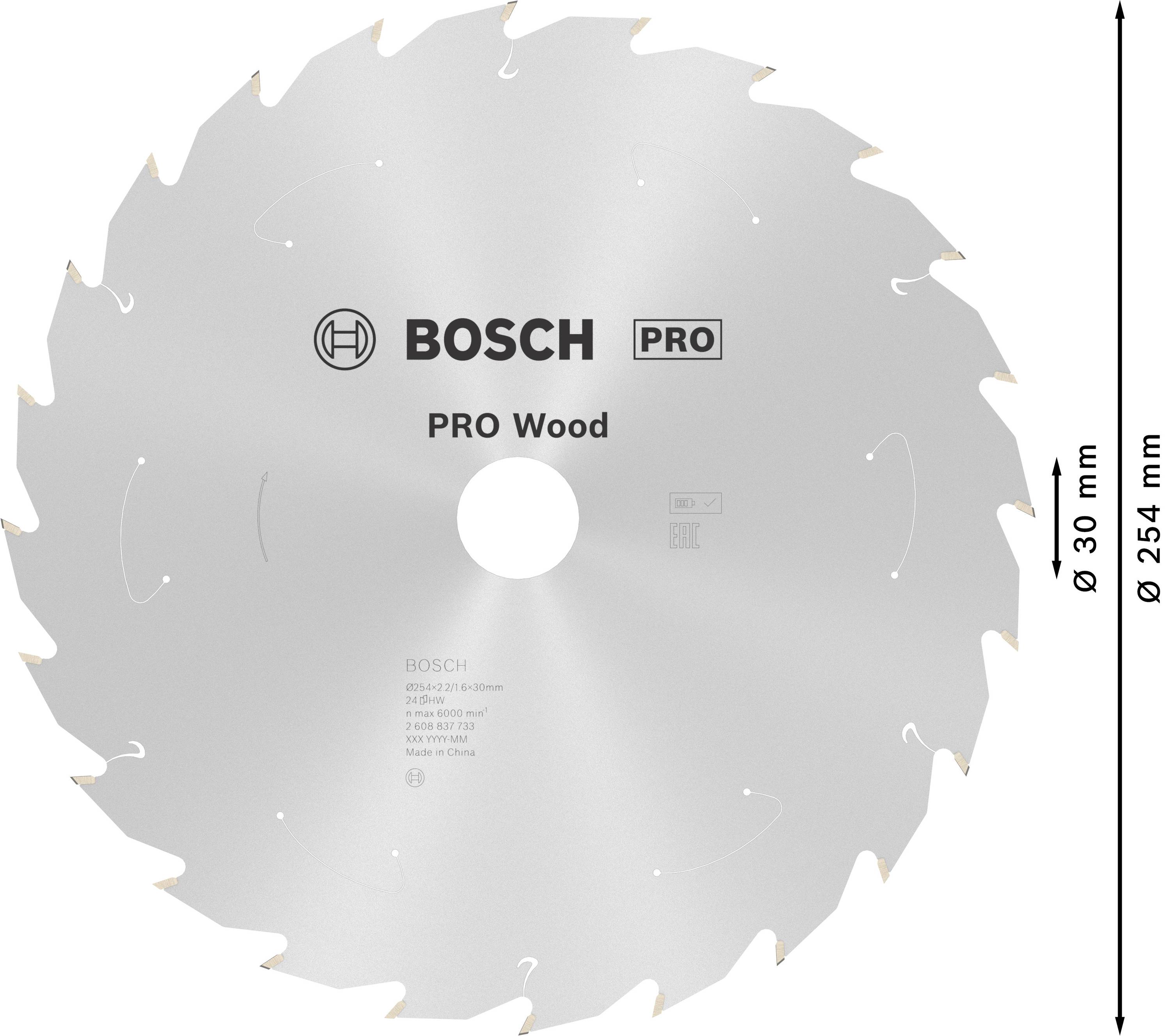 Krožna žaga Bosch PRO Wood, premer 254 mm, luknja 30 mm. 18 žaginih zob; za obdelavo lesa. Okrogla, srebrna rezila.
