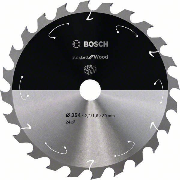 Krožna žaga Bosch, premer 254 mm, primerna za standardno les. Prikazana z blagovno znamko in specifikacijami izdelka.