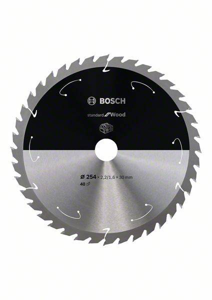 Krožna žaga z 40 zobmi za les. Napis 'BOSCH standard for Wood, Ø 254 x 2,2/1,6 x 30 mm'.