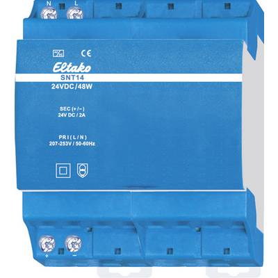Električni napajalnik Eltako SNT14 z modro površino, katerega specifikacije so: 24 VDC/48 W in 24 V DC/2 A, primeren za 207-253 V/50-60 Hz.