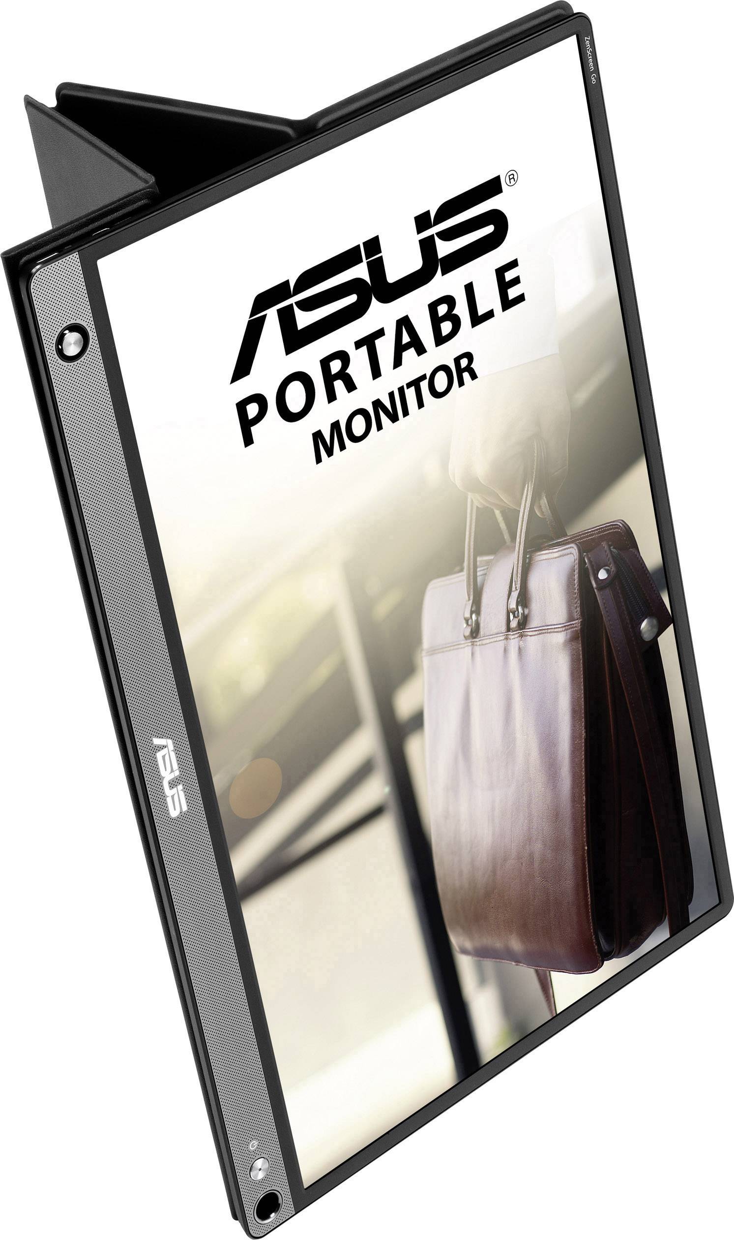 Prenosni monitor ASUS stoji pokončno, sprednja stran prikazuje napis 'ASUS Portable Monitor' z sliko usnjene torbice.